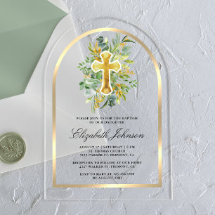 Invitations En Acrylique Arc de verdure doré eucalyptus rustique baptême