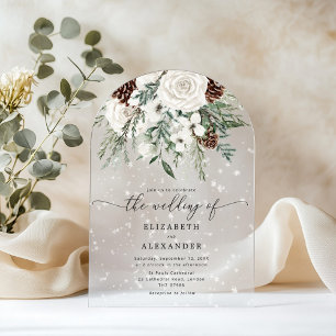 Invitations En Acrylique Arc de verdure élégant neige hiver mariage