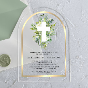 Invitations En Acrylique Arc doré élégant de baptême à l'aquarelle verte