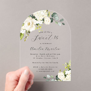 Invitations En Acrylique Arc Élégant Blanc Ivoire Floral Sweet Seize