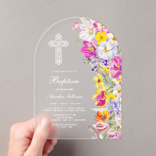 Invitations En Acrylique Arc élégant de fleurs sauvages lumineuses pour bap