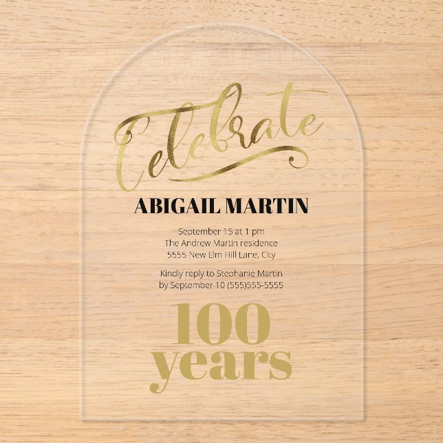 Invitations En Acrylique Arc en acrylique clair pour le 100e anniversaire d (Recto)