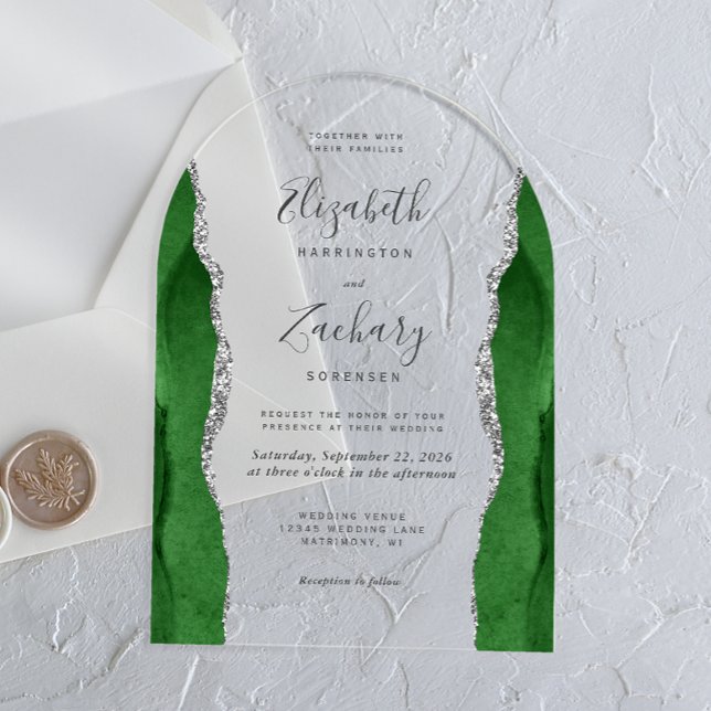 Invitations En Acrylique Arc Mariage moderne Hunter Green Argent Agate (Créateur téléchargé)