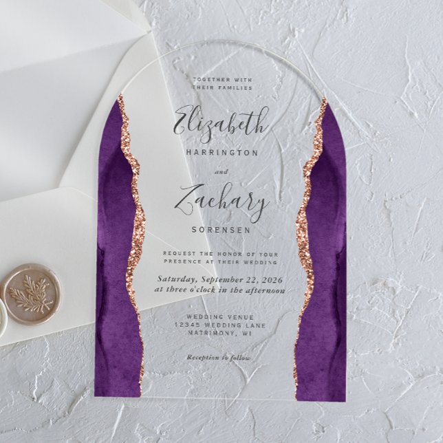 Invitations En Acrylique Arc Mariage moderne violet Rose or Agate (Créateur téléchargé)