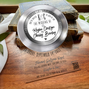 Invitations En Acrylique Arc Mariage Retro Silver Vinyl Record de musique
