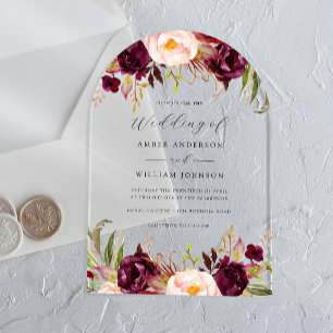 Invitations En Acrylique Arch Bourgogne Rouge Floraison Mariage  