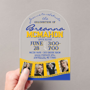 Invitations En Acrylique Arch Graduation Photo Filmstrip Bleu et or