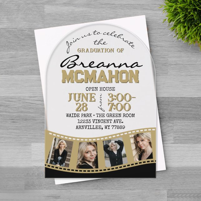 Invitations En Acrylique Arch Graduation Photo Filmstrip Noir & Or (Trendy Unique Arched Bronze Gold and Black 4 Photo Filmstrip Graduation Invitation)