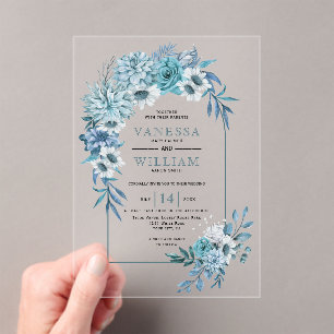 Invitations En Acrylique Arche avec fleurs bleues turquoises et mariage feu