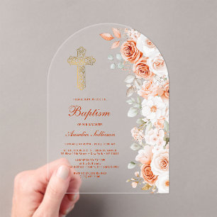 Invitations En Acrylique Arche de baptême en terre cuite et roses blanches
