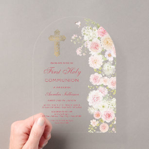 Invitations En Acrylique Arche de fleurs roses et pêche pour la Première Co