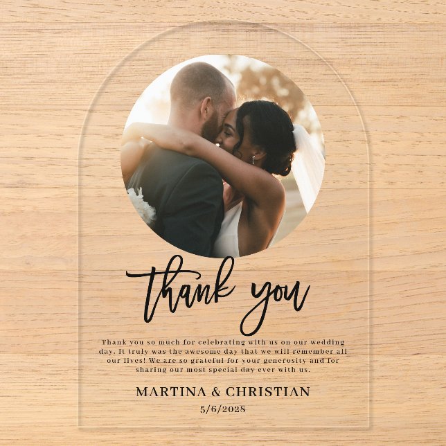 Invitations En Acrylique Arche de Merci Mariage de script photo (Recto)