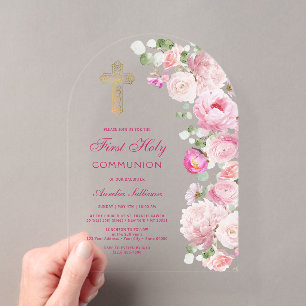 Invitations En Acrylique Arche de pivoines roses pour la première communion
