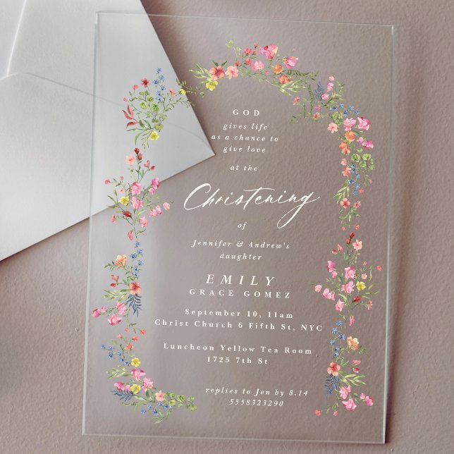 Invitations En Acrylique arche de printemps fleurie christening (Créateur téléchargé)