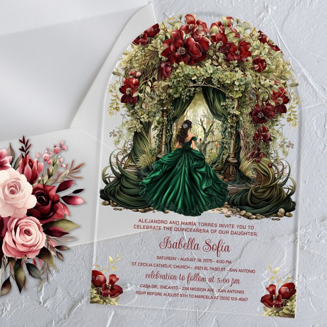 Invitations En Acrylique Arche florale de Bourgogne (Enchanted forest invitation with emerald green dress and floral forest entrance. Any occasion invite)