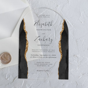 Invitations En Acrylique Arche Mariage moderne Black Gold Agate