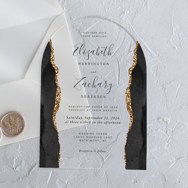 Invitations En Acrylique Arche Mariage moderne Black Gold Agate (Créateur téléchargé)
