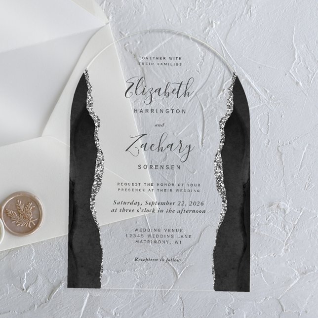 Invitations En Acrylique Arche Mariage moderne en argent noir (Créateur téléchargé)