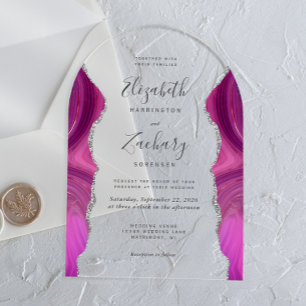 Invitations En Acrylique Arche Mariage moderne Magenta Argent Agate