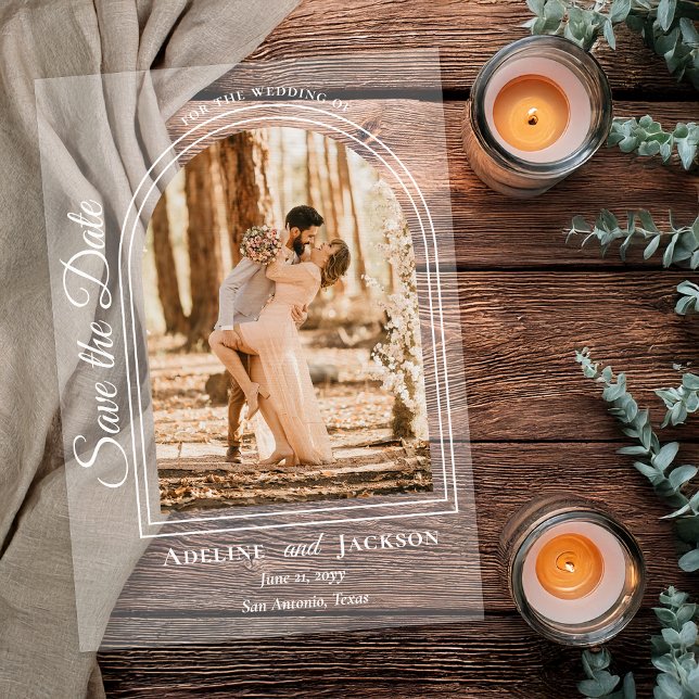 Invitations En Acrylique Arched Photo Elegant Script Save the Date (Arched Photo Elegant Script "Save the Date" Acrylic Announcement - White Text and Accents)