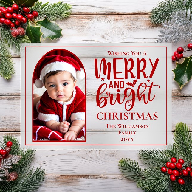 Invitations En Acrylique Arched Photo Merry and Bright Holly (Arched Photo "Merry and Bright" Holly and Berries Christmas Holiday Acrylic Card)