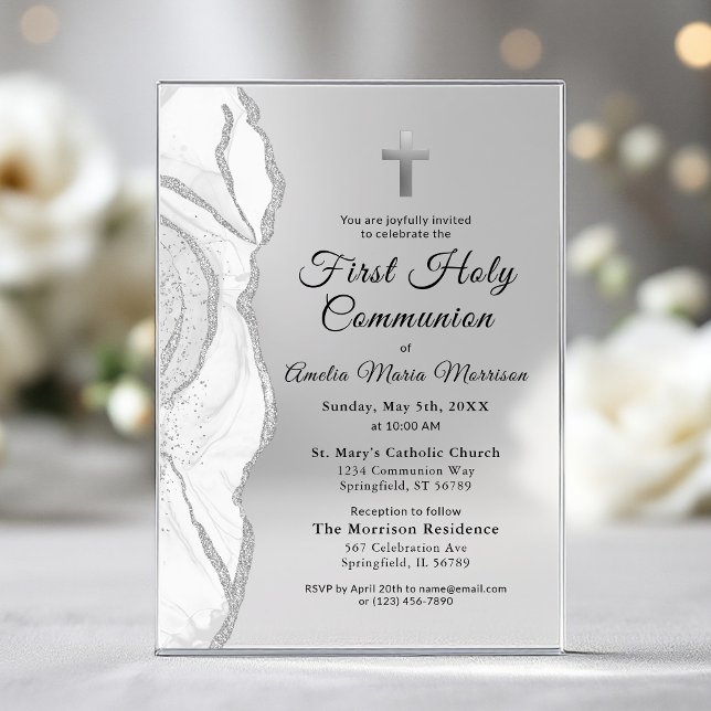 Invitations En Acrylique Argent gris blanc Agate Première Sainte Communion  (Créateur téléchargé)