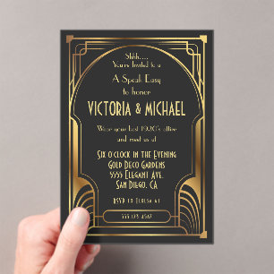 Invitations En Acrylique Art Déco Nouveau Speak Easy Party Gold & Black
