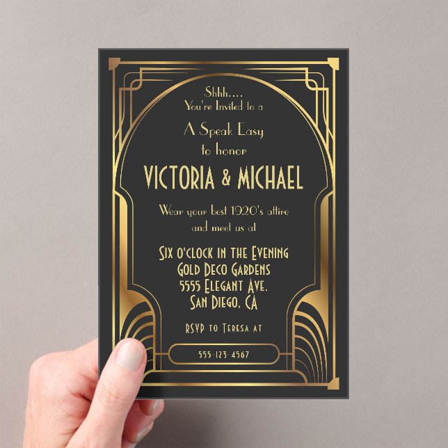 Invitations En Acrylique Art Déco Nouveau Speak Easy Party Gold & Black (In situ (ordinateur de poche))