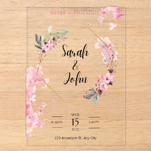 Invitations En Acrylique Art géométrique hexagonal doré à motif floral rose