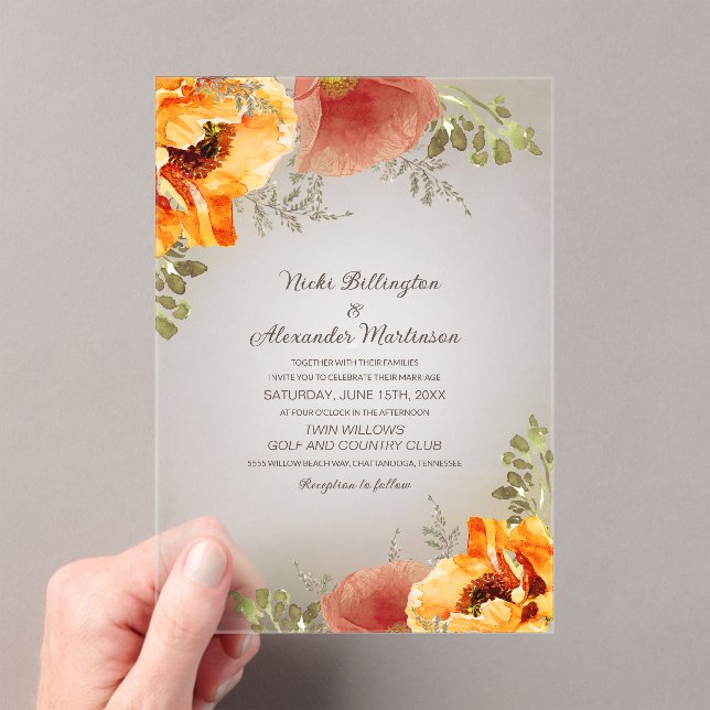 Invitations En Acrylique Automne Floral Brûlé Orange Rustique Mariage (In situ (ordinateur de poche))