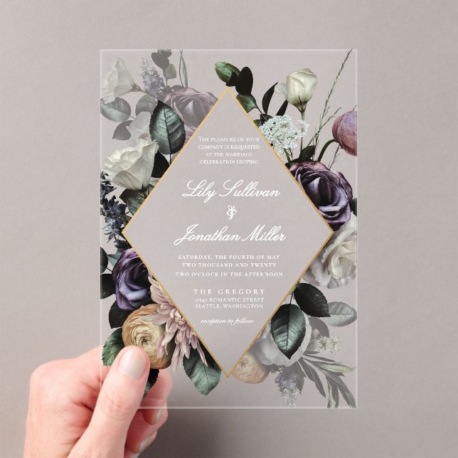 Invitations En Acrylique Automne Sombre Moody Cadre Floral Violet Mariage (In situ (ordinateur de poche))