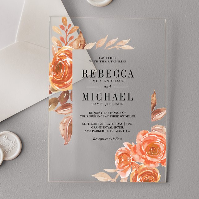 Invitations En Acrylique Autumn Fall Burnt Orange Floral Terracotta Wedding (Créateur téléchargé)
