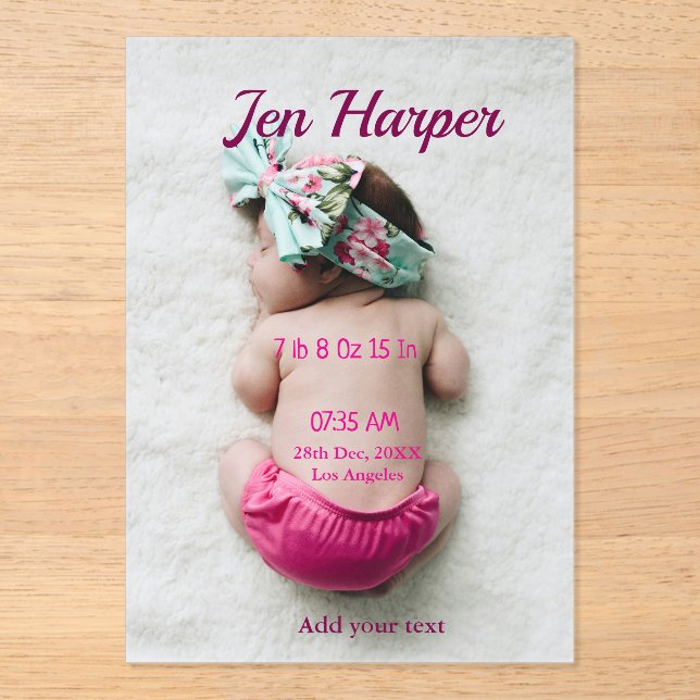Invitations En Acrylique Baby birth stats add name place date keepsake memo (Recto)