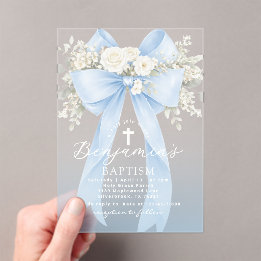 Invitations En Acrylique Baby Boy Baptism Elegant Blue Eucalyptus Bow