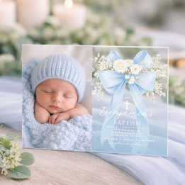 Invitations En Acrylique Baby Boy Baptism Photo Floral Eucalyptus Bow