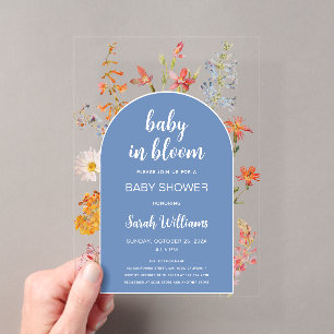 Invitations En Acrylique Baby in Bloom Fleurs Sauvages Garçon Shower Bleu A