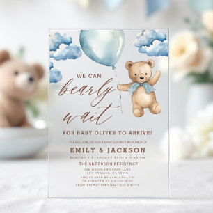 Invitations En Acrylique Baby-ours en attente Beige et Bleu neutre Fête pré