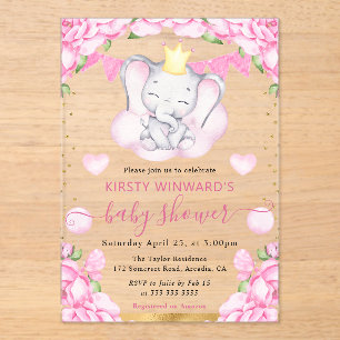 Invitations En Acrylique Baby Shower à l'aquarelle Éléphant Mignon & Roses