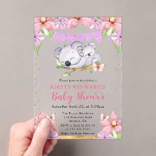 Invitations En Acrylique Baby Shower Aquarelle Koalas Mignons & Fleurs