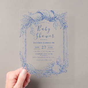 Invitations En Acrylique Baby Shower aquarelle vintage bleu