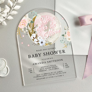Invitations En Acrylique Baby Shower Arche Fleurie Rose Clair Au-Dessus De 
