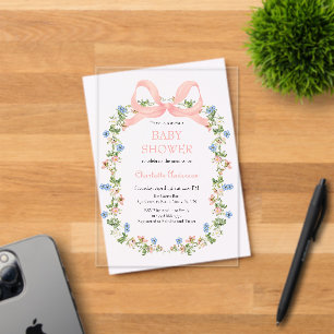 Invitations En Acrylique Baby Shower au Ruban Rose Fleur des Champs