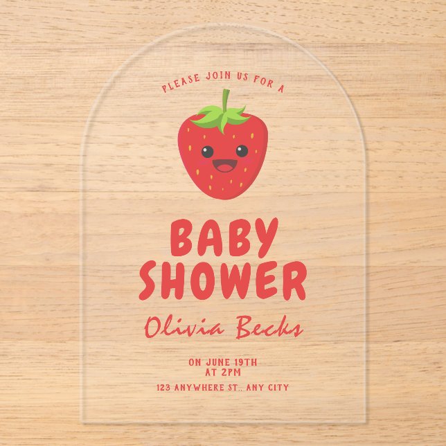 Invitations En Acrylique Baby shower aux fraises Little Cutie (Recto)