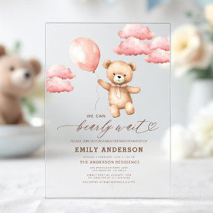 Invitations En Acrylique Baby shower Bearly Wait Neutre Beige et Rose Fille