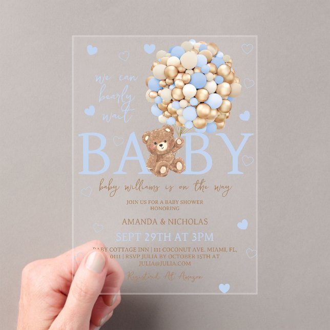 Invitations En Acrylique Baby shower Bleu Bauon Ours (In situ (ordinateur de poche))