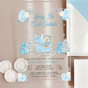 Invitations En Acrylique Baby shower Bleu Sleigh Cute Teddy Bear
