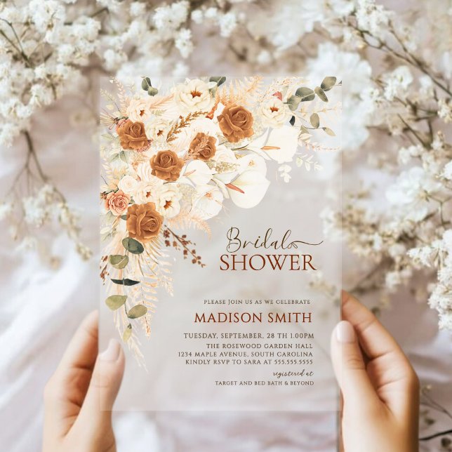 Invitations En Acrylique Baby Shower Bohème Moderne avec Code QR Floral (Créateur téléchargé)