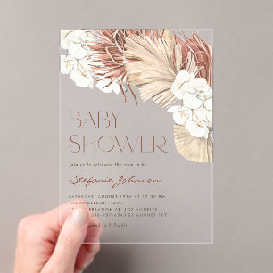Invitations En Acrylique Baby Shower Bohème Palmier Séché et Orchidée Blanc