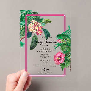 Invitations En Acrylique Baby shower botanique tropicale rose Neon