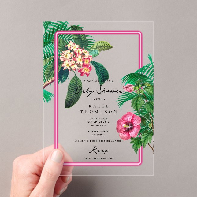 Invitations En Acrylique Baby shower botanique tropicale rose Neon (In situ (ordinateur de poche))
